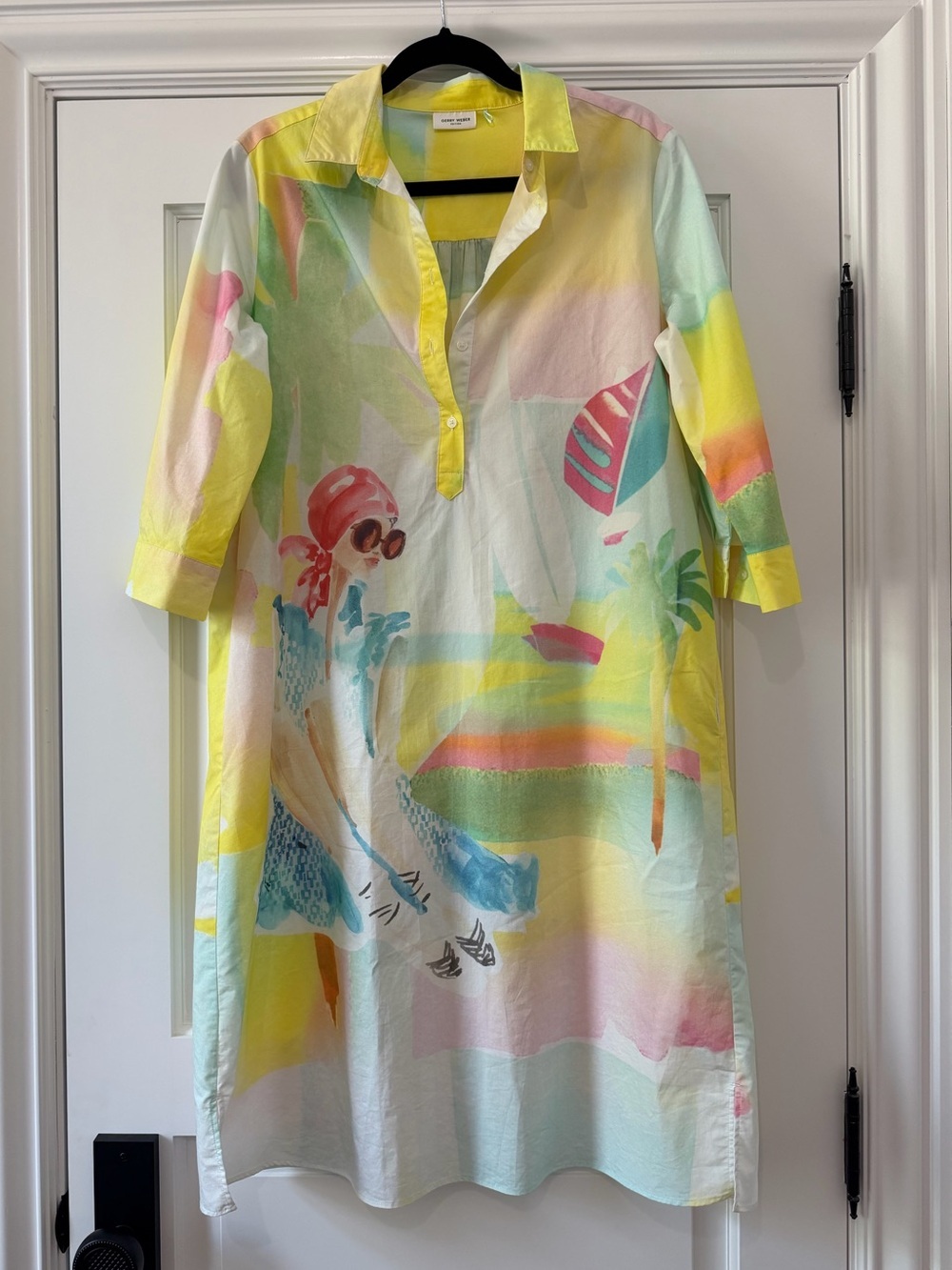 Gerry Weber Beach Print Shirt Dress - Size 10 - Like New - Yellow & Multicolour